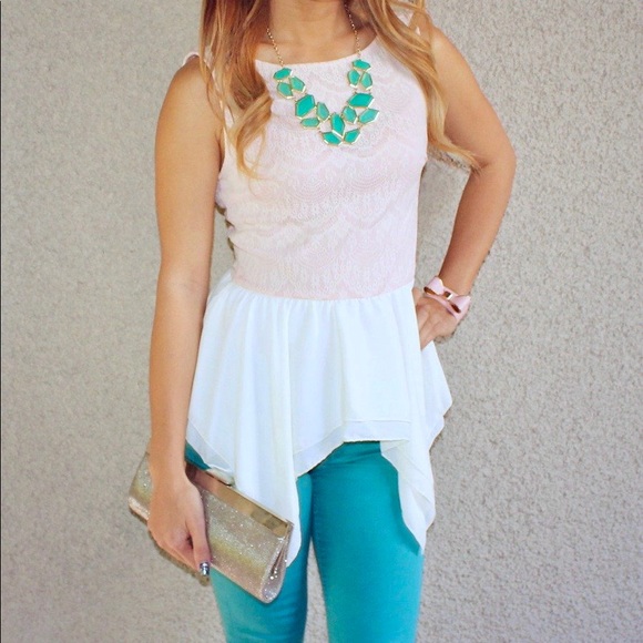 Pink and Ivory Bow Back Peplum Top - Picture 2 of 9